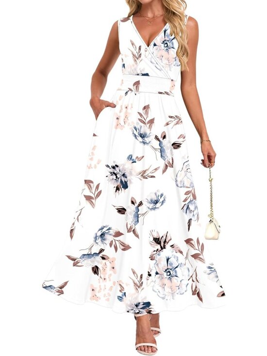 Dresses & Skirts - Women's White Summer Casual Dress V Neck Sleeveless Floral Boho Maxi Dresses